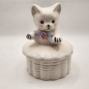 Vintage Ceramic White Cat in Basket Trinket Box Figurine Taiwan ROC 4.5"